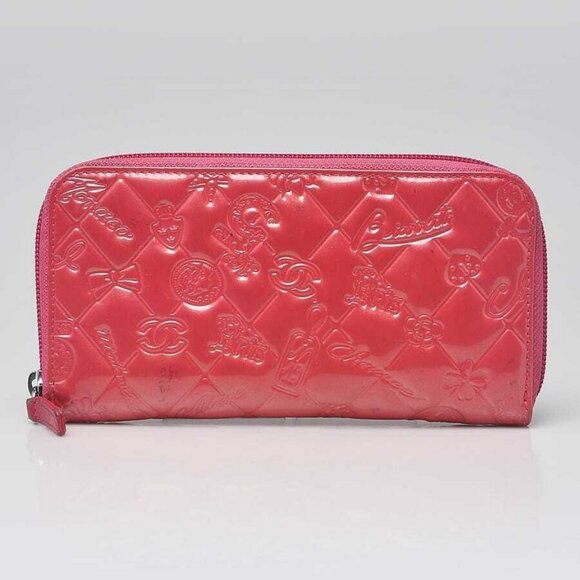 Chanel Pink Patent Leather Embossed Lucky Symbols Long Zippy Wallet - Picture 1 of 11
